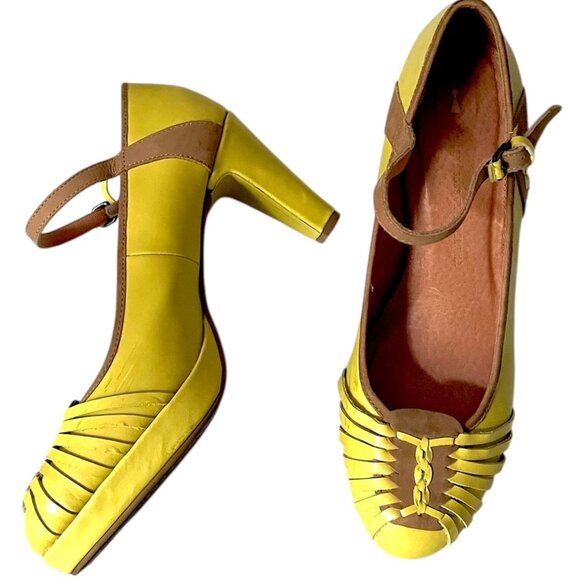 Anthro Schuler & Sons Chartreuse Retro Nouvelle Heels With Woven Front Detail & - Picture 1 of 9